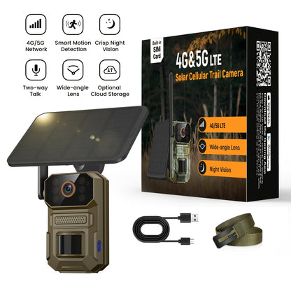 4G LTE Cellular Trail Camera with Solar Panel – 4K Wildlife Monitoring Camera, PIR Motion Sensor, Infrared Night Vision, Two-Way Voice, Remote Access, No WiFi Required, for Hunting & Security (Camo/Brown)