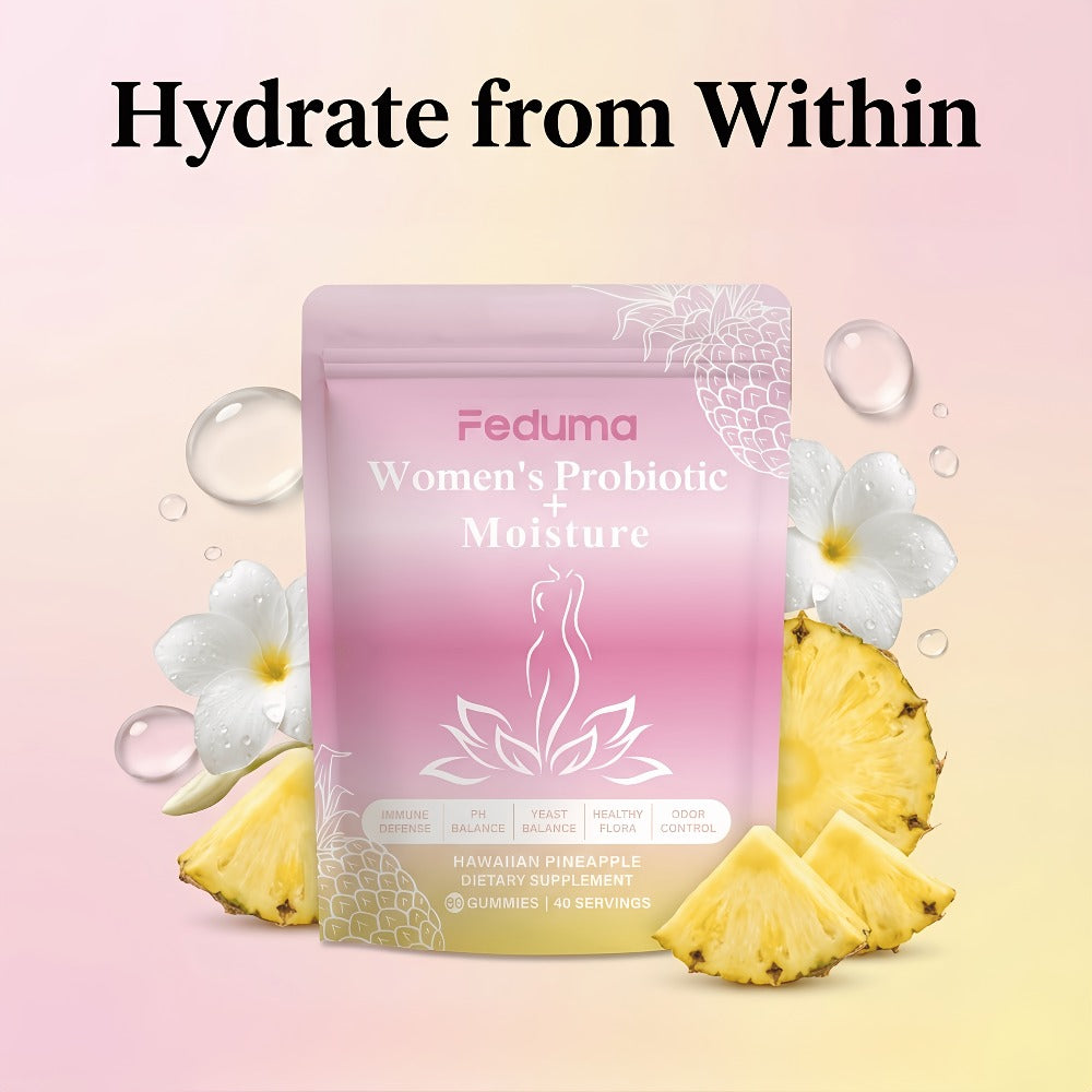 Women's Probiotic Gummies with Slippery Elm for Intimate Moisture Odor Control Healthy Flora – Pineapple Flavor 60 Count Feminine Wellness Supplement Daily Gut Health Support