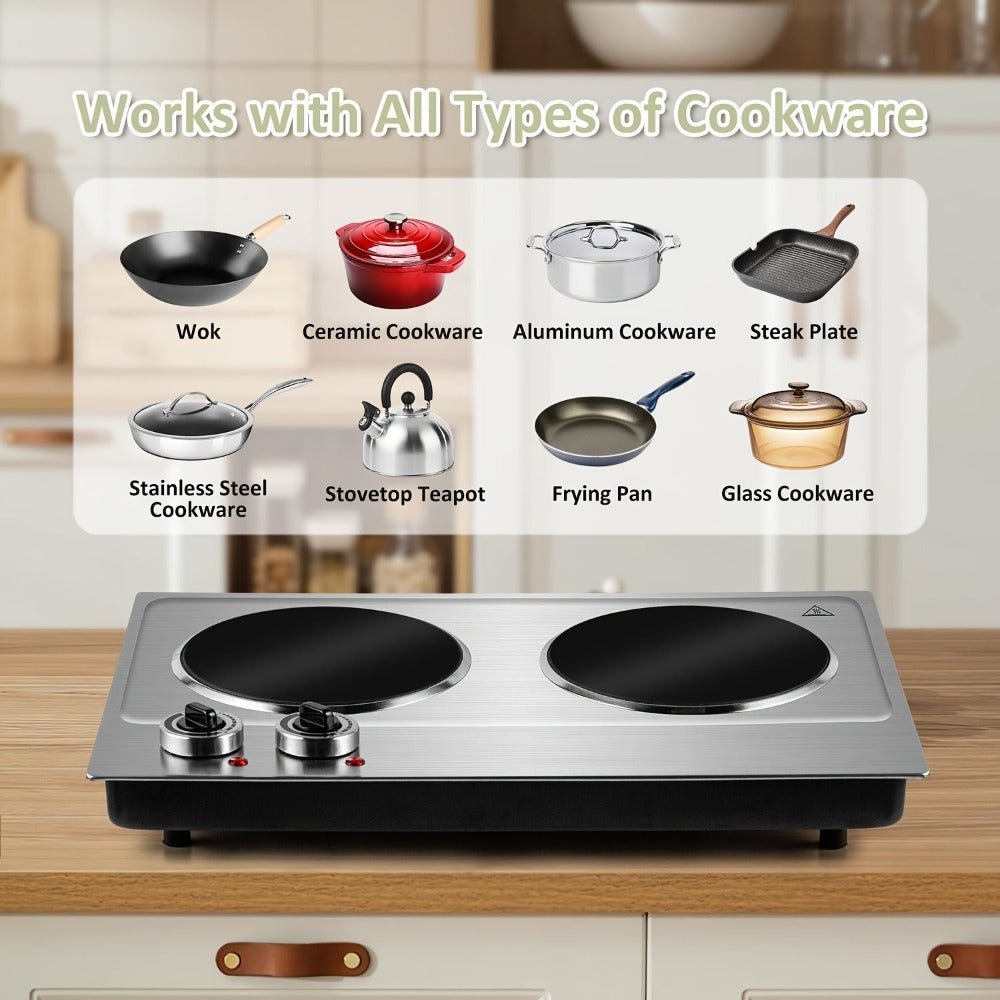 Electric Infrared Cooktop Double Burner Hot Plate – 1800W Portable Dual Temperature Control, Easy-Clean Smooth Surface, Countertop Infrared Stove for Home Kitchen & Dorm, Black or Silver