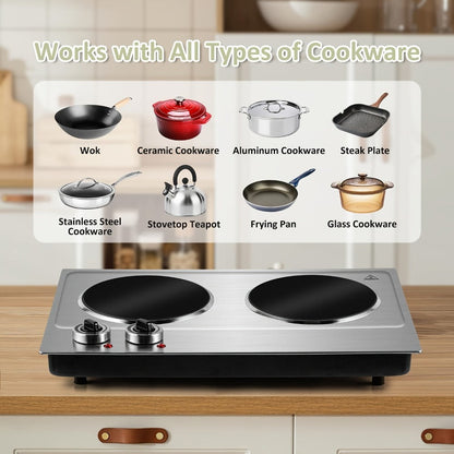 Electric Infrared Cooktop Double Burner Hot Plate – 1800W Portable Dual Temperature Control, Easy-Clean Smooth Surface, Countertop Infrared Stove for Home Kitchen & Dorm, Black or Silver