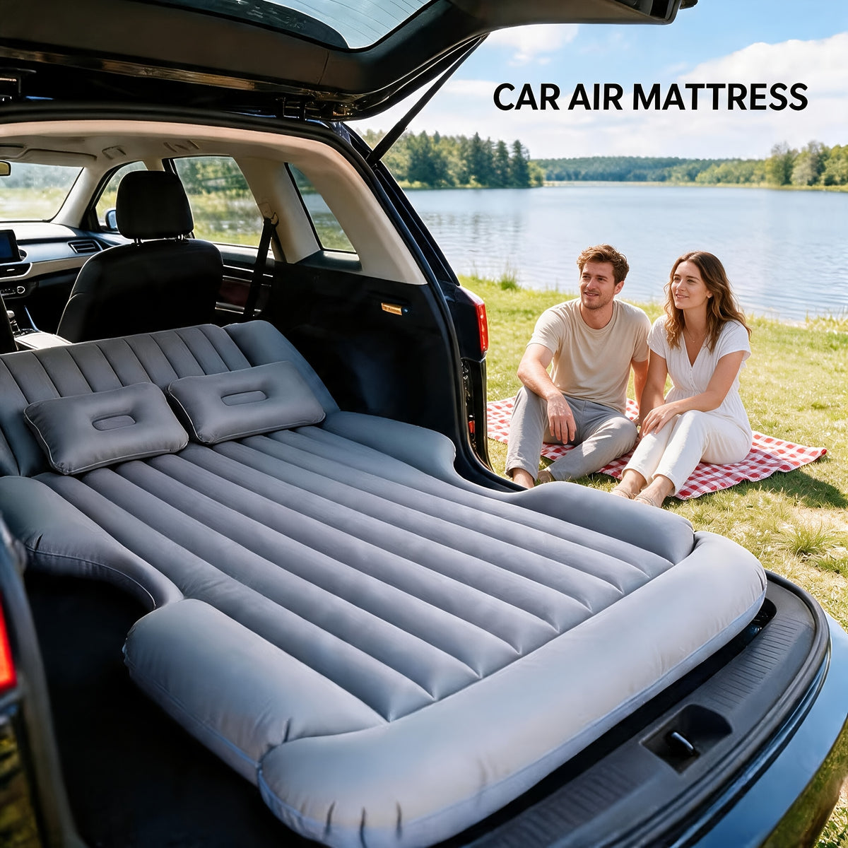 Comfortable Thickened Gray/Black Car Inflatable Mattress, Car Accessories, Inflatable Car bed for Truck and SUV Trunk, Foldable and Portable Skin-Friendly Back Seat Mattress, camping gear and equipment