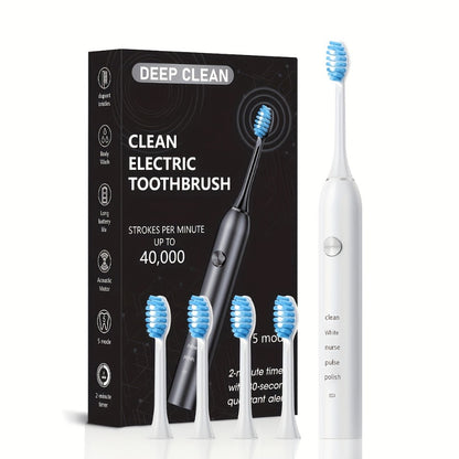 Sonic Electric Toothbrush – 5 Vibration Modes, Soft Bristle, Type-C Fast Charging, Waterproof, Deep Clean & Teeth Whitening Rechargeable Power Toothbrush for Men & Women, 4 or 8 Brush Heads