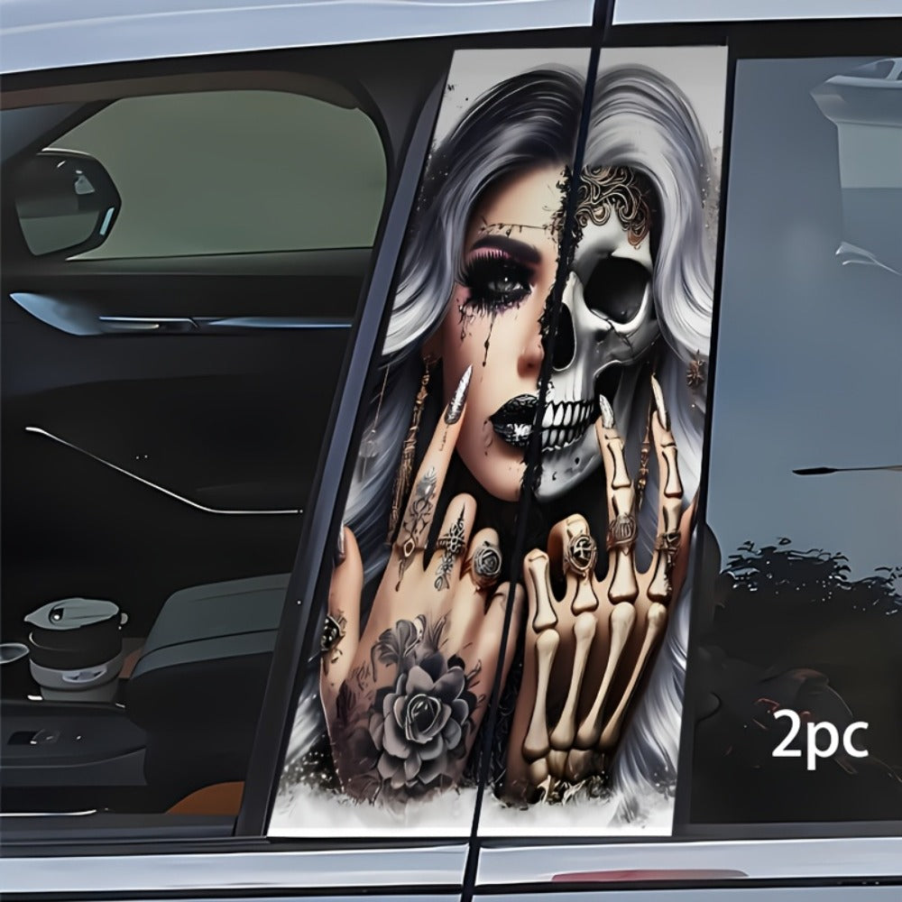 Car Door B-Pillar Vinyl Decal Stickers 2pcs Skull & Girls Design | Waterproof Scratch-Resistant Self-Adhesive Glossy Exterior Decor | Durable Car Body Stickers for SUV Truck Auto Styling