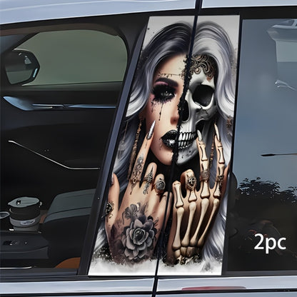 Car Door B-Pillar Vinyl Decal Stickers 2pcs Skull & Girls Design | Waterproof Scratch-Resistant Self-Adhesive Glossy Exterior Decor | Durable Car Body Stickers for SUV Truck Auto Styling