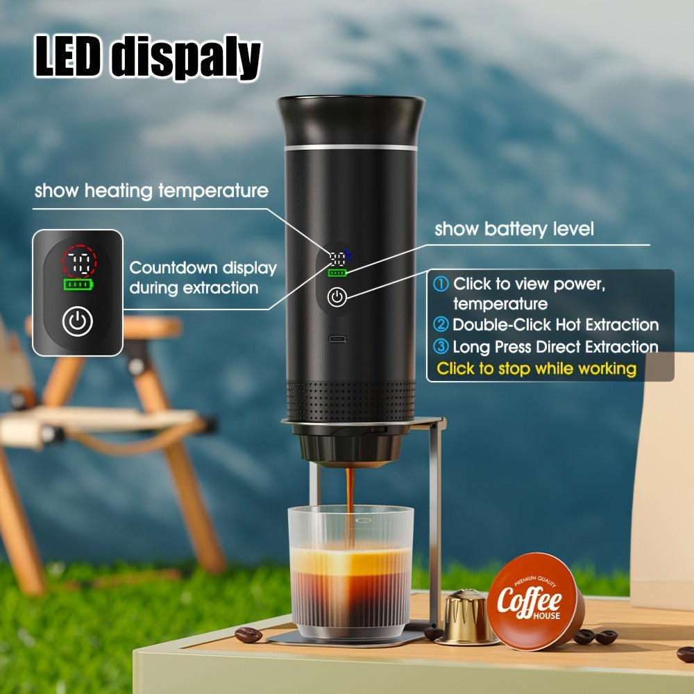 Portable Espresso Machine Type-C Charging Self-Heating – Single Serve Coffee Maker with Temperature & Battery Display, Hot & Cold Brew, Ground Coffee & Capsule Compatible, for Travel RV Hiking Office