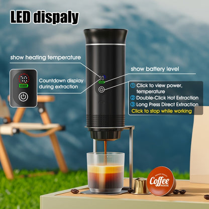 Portable Espresso Machine Type-C Charging Self-Heating – Single Serve Coffee Maker with Temperature & Battery Display, Hot & Cold Brew, Ground Coffee & Capsule Compatible, for Travel RV Hiking Office