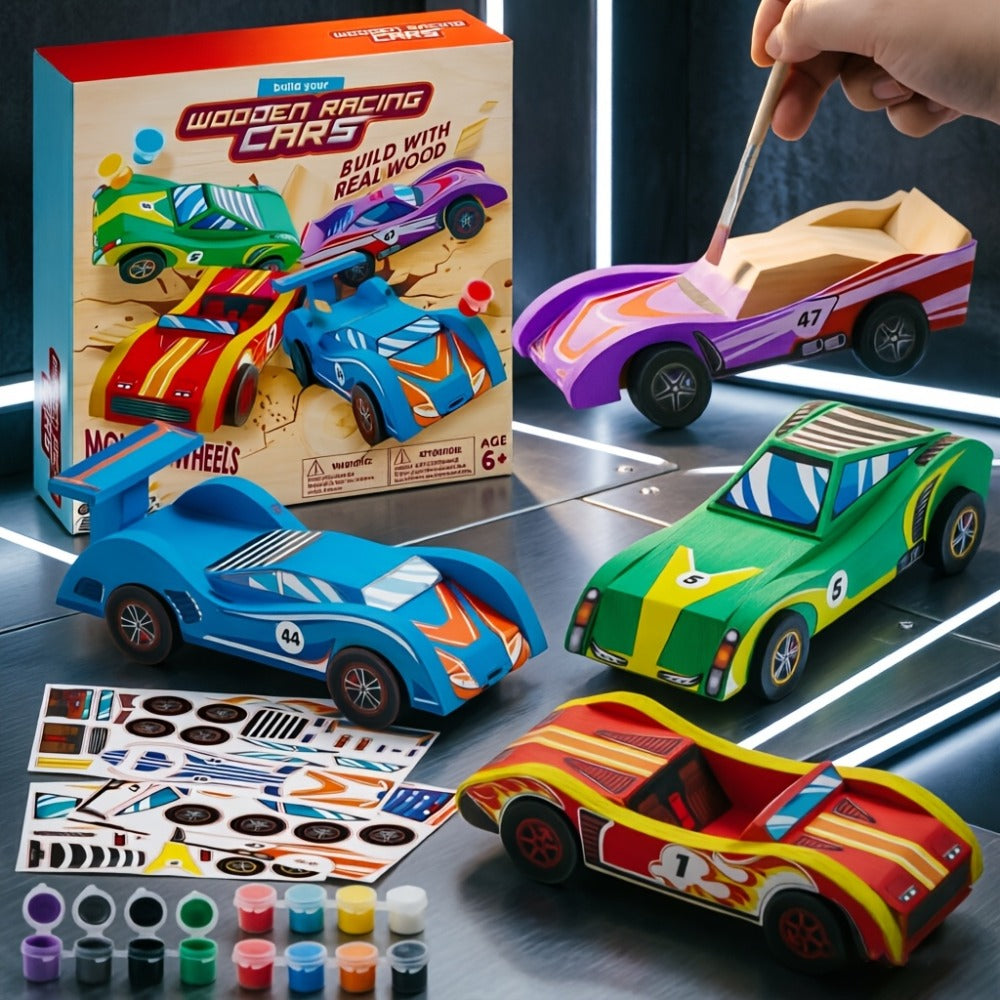 DIY Wooden Race Cars 4pcs Build & Paint Kit for Kids Ages 8+ – 44 Pre-Cut Pieces 12 Colors Racing Stickers, Paint Your Own Wood Craft Toy STEM Arts Crafts Birthday Gift for Boys Girls