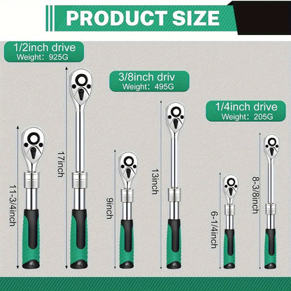 Ratchet Wrench Set 3-Piece - 1/4 3/8 1/2 Inch Drive Extendable Socket Wrench, 72-Tooth Quick-Release Reversible Gear, Soft Grip Handle, Torque Spanner for Automotive Repair, Mechanics & DIY
