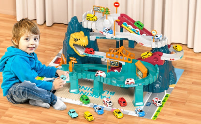 Dinosaur Race Track Toy Set for Kids with 10 Mini Cars & Ramp Launcher – Multi-Level Dino Car Racing Playset for Boys Girls Toddlers Ages 3-8 Birthday Christmas Gift