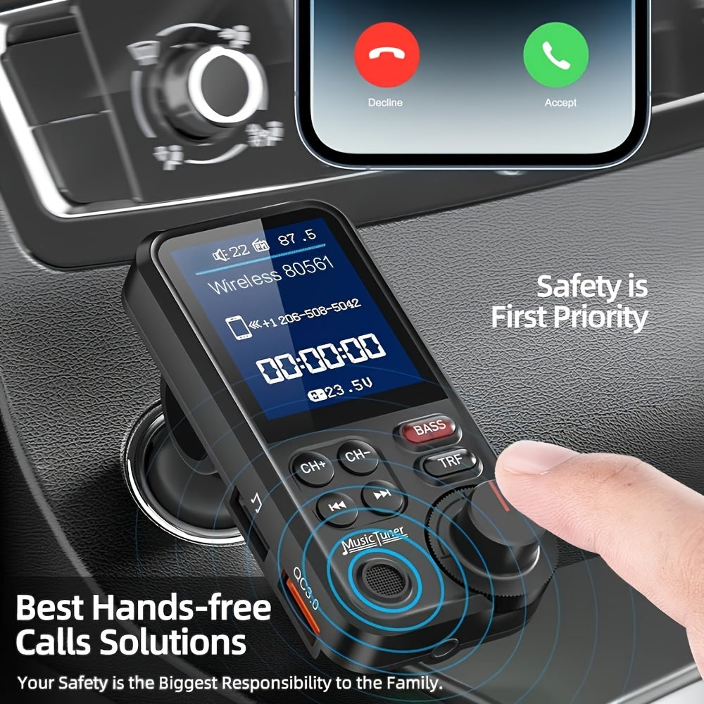 Car FM-BT 5.3 Transmitter with Enhanced Microphone, Wireless Car Adapter, 1.8" Color Screen, Hands-Free Calling, QC3.0 Fast Charging, Supports 64GB USB Drive & 64GB TF Card, And Bass/Treble Music Player.