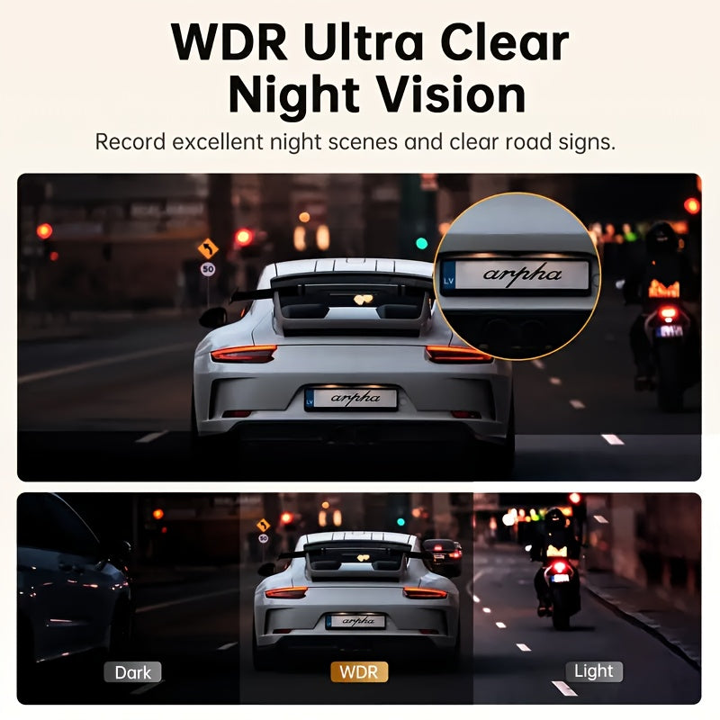 10-inch Touchscreen Dash Cam with Front 1296P and Rear 1080P Recording. Supports App Control, WiFi, GPS, English Voice Control, WDR Wide Dynamic Range, Super Night Vision, and Parking Monitor Mode. Requires Additional Mini Three-core Hard-wiring Kit