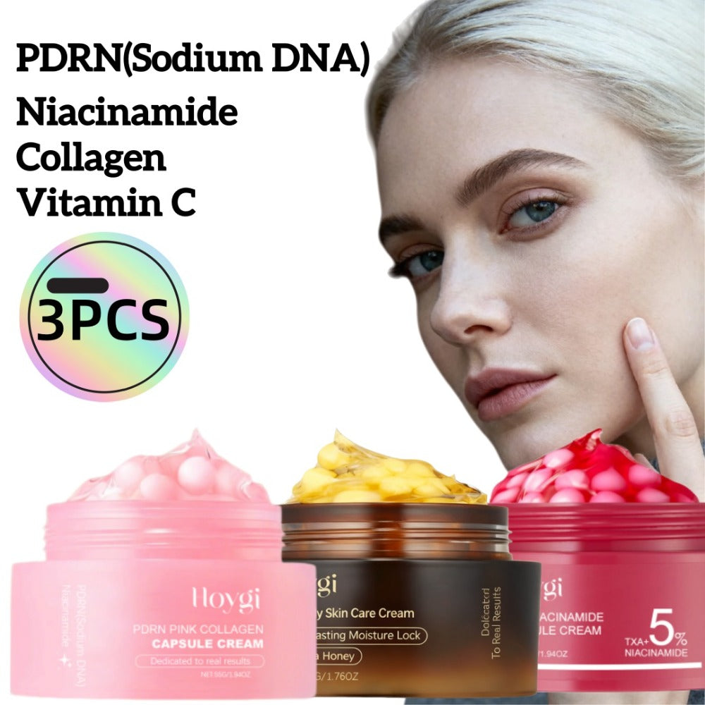 PDRN Collagen Capsule Cream Set 3pcs Vitamin C Niacinamide Advanced Capsule Technology Deep Moisturizing Day Night Face Cream — Brightening Firming Pore Minimizing Skincare Gift for Women