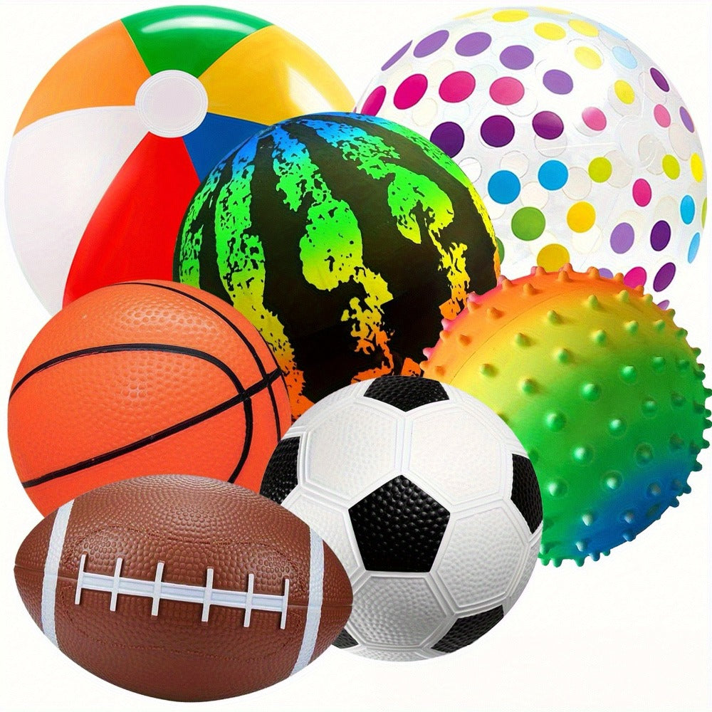 Kids Playground Ball Set 7-Pack with Air Pump – 10.6 Inch Outdoor Ball Plus 6-Inch Basketball Football Rugby, Active Play Toy for Home Yard Pool Classroom Park, Birthday Party Gift for Children Ages 4+