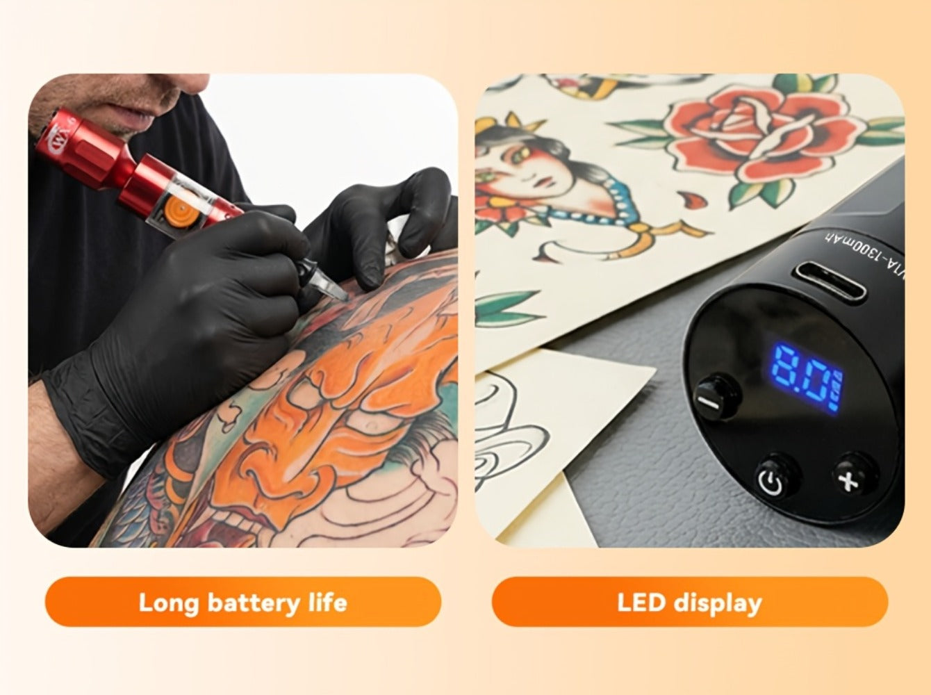 Wireless Tattoo Power Supply Portable Rechargeable Battery LED Digital Display RCA DC Connector Coreless Motor for Rotary Tattoo Pen Machine - Red Silver Black