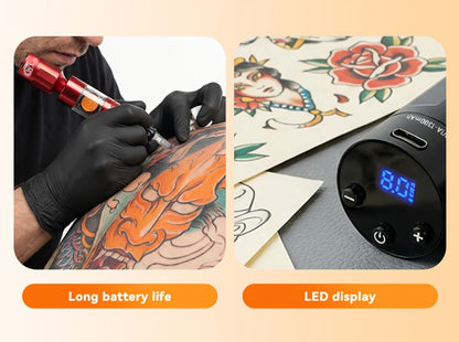 Wireless Tattoo Power Supply Portable Rechargeable Battery LED Digital Display RCA DC Connector Coreless Motor for Rotary Tattoo Pen Machine - Red Silver Black