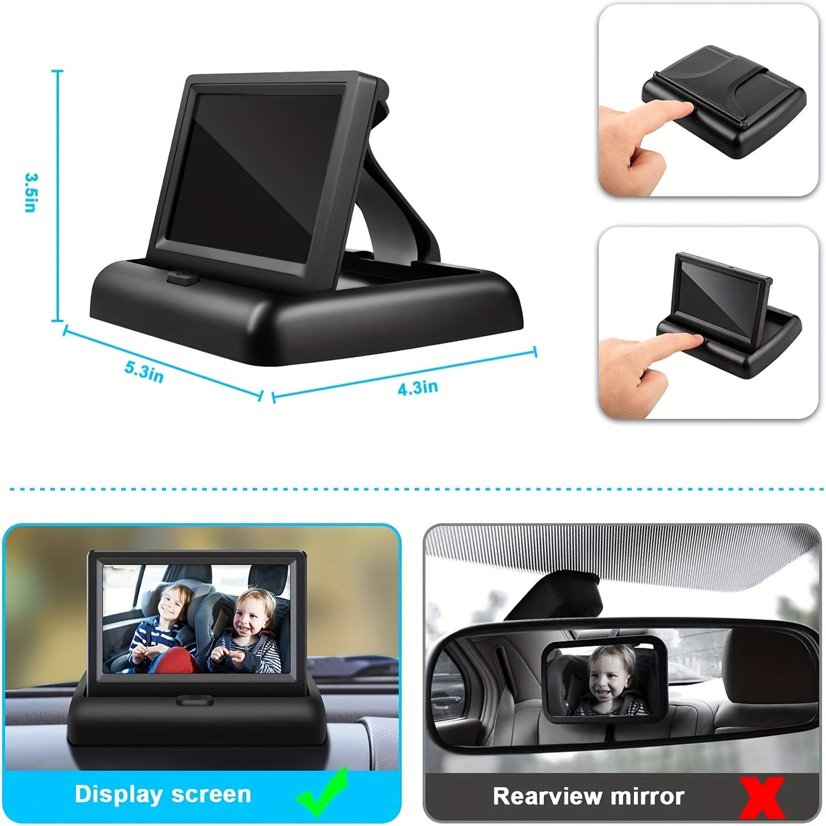 Baby Car Mirror with 4.3'' HD Night Vision Function Display, Safety Car Seat Camera with Wide Crystal Clear View, Easily Observe The Baby's Move(Not USB)