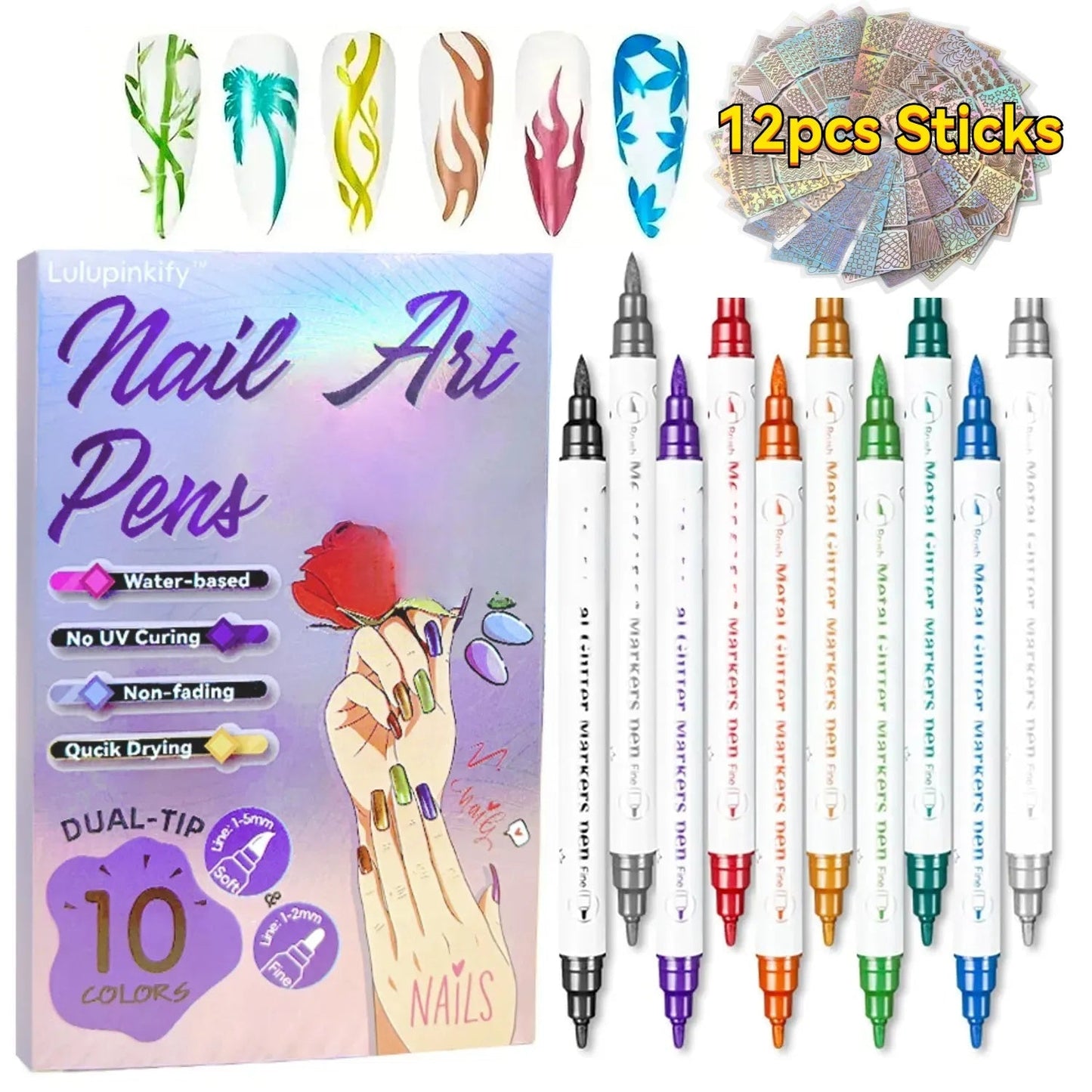 Nail Art Pens Set 10 Metallic Colors with 12pcs Nail Stickers - Dual-Headed 3D Acrylic Polish Markers for Doodle Dot Line Stitching Graffiti Designs, Home Salon Gift for Women Girls