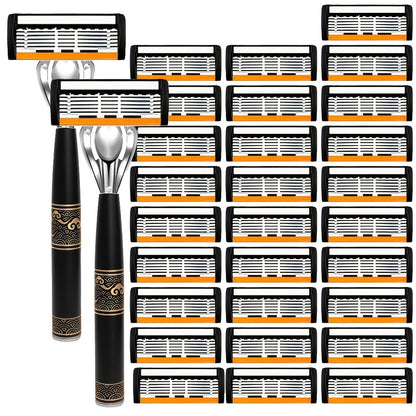 Men's Razor 6-Layer Blade Refill Kit with Handle Smooth Precise Shaving - Multiple Options 6 12 24 30 36 Blades Cartridge Razor Anti-Irritation Close Shave Grooming Gift for Men