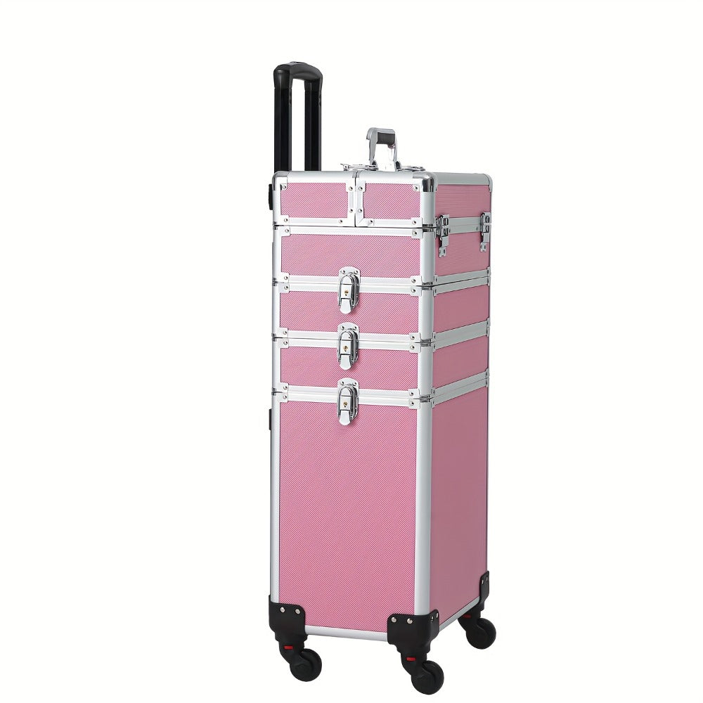 Rolling Makeup Case Aluminum 4-in-1 Extra Large Professional Cosmetic Trolley with 360° Swivel Wheels for Makeup Artist Tattoo Artist Salon Travel Black Pink Silver