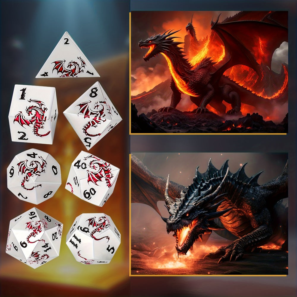 Dragon Metal Dice Set 7pcs Hand-Polished – Retro Carved Dragon Pattern Polyhedral DnD TTRPG RPG Dice with Dragon Storage Bag, D4 D6 D8 D10 D12 D20, Bronze Silver Black Blue White Cyan
