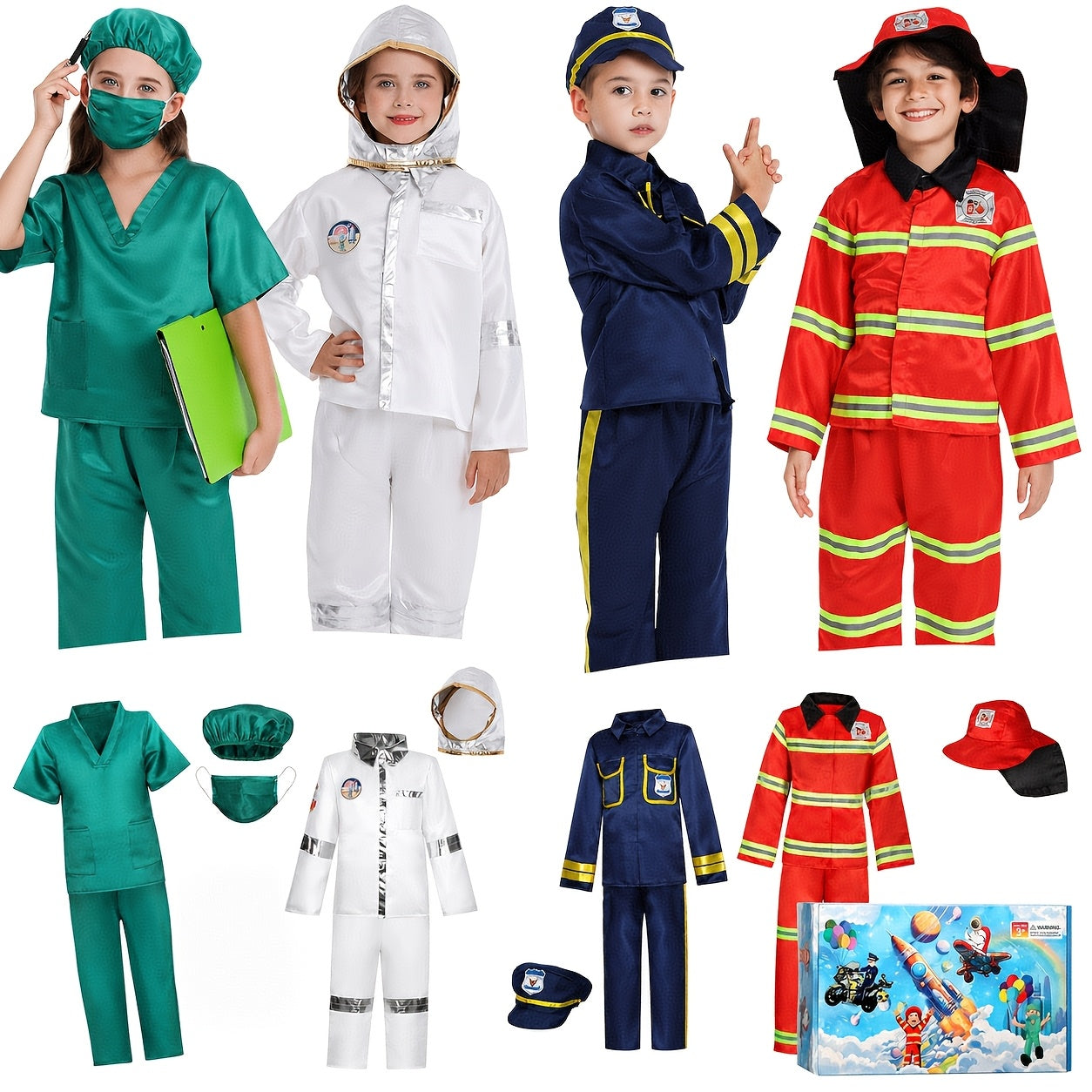 Kids Dress Up Costumes Set 4-in-1 – Firefighter, Police, Astronaut & Doctor Role Play Clothes for Boys Girls Ages 3-6, Birthday Christmas Halloween Career Day Gift