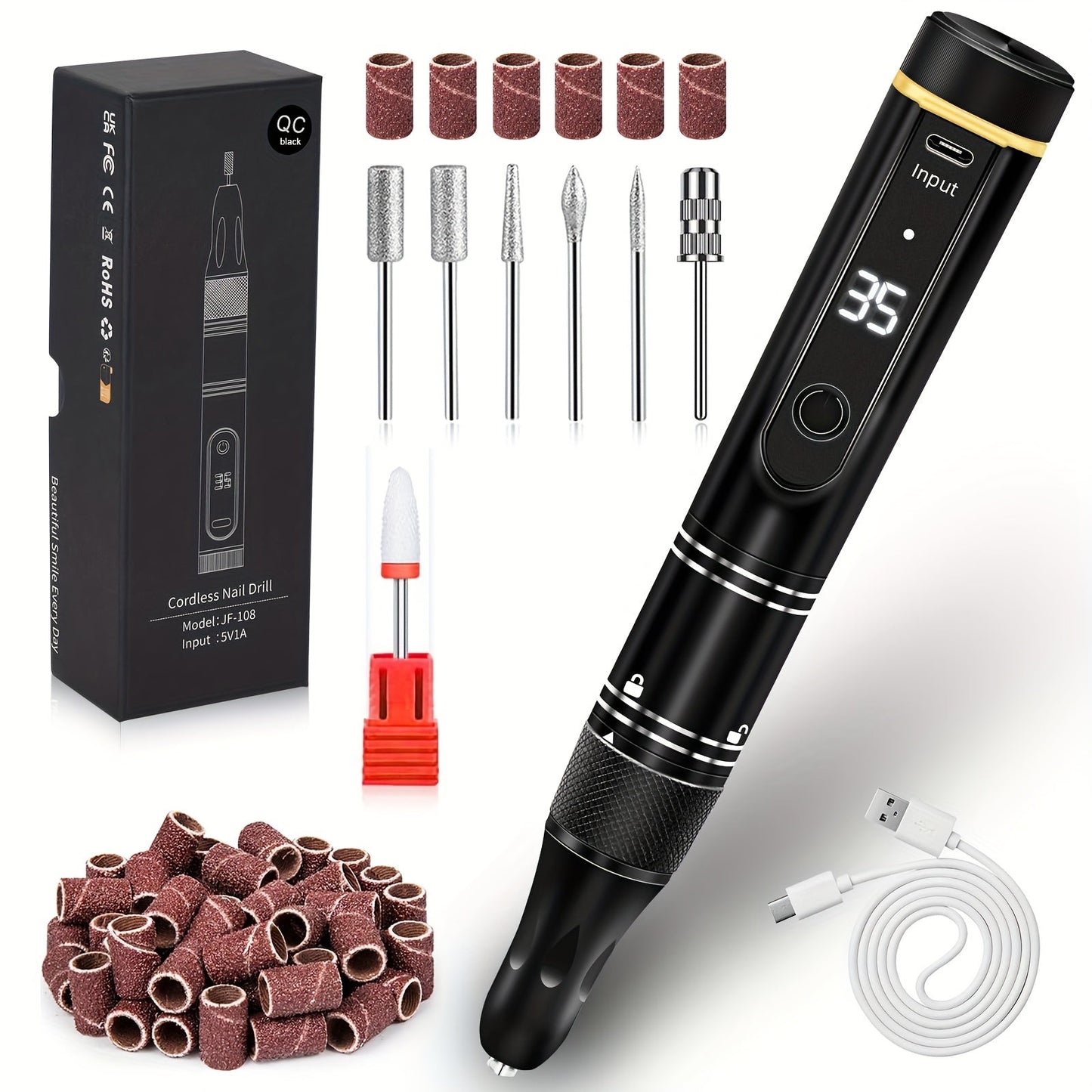 Nail Drill Machine 35000 RPM LCD Display Rechargeable Portable Electric Nail File with Forward Reverse Rotation Low Noise – Professional Nail Grinder for Gel Acrylic Natural Nails Manicure Pedicure Home Salon