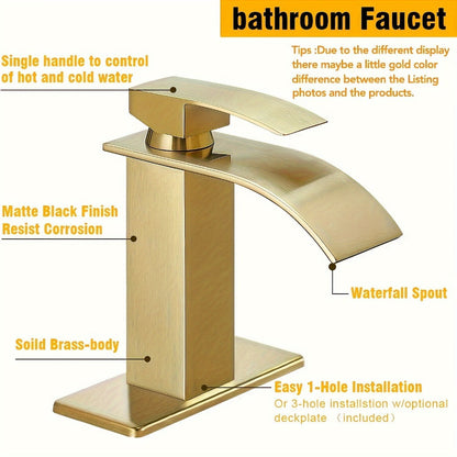 Waterfall Bathroom Sink Faucet, Single Hole or 3-Hole Mixer Tap with 6" Deck Plate, Ceramic Valve, Vanity Faucet for Farmhouse RV Bathroom, Brushed Gold Matte Black Nickel Chrome