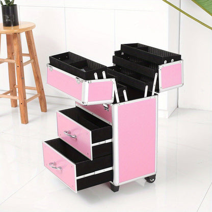 Makeup Train Case 4 Tier Lockable with Extendable Trays Large Capacity Cosmetic Organizer Box for Makeup Artists Salon Professional Beauty Storage Portable Travel Case Pink