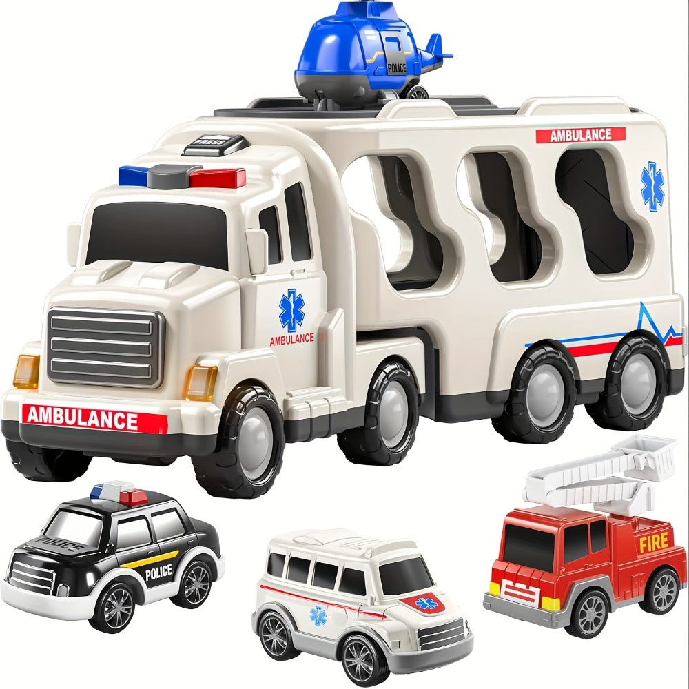 Ambulance Truck Toy Set for Boys – 5-in-1 Friction Power Carrier Truck with Lights & Sounds, Push & Go Emergency Vehicle Toys for Toddlers Kids Ages 3+, Birthday Christmas Gift for Boys