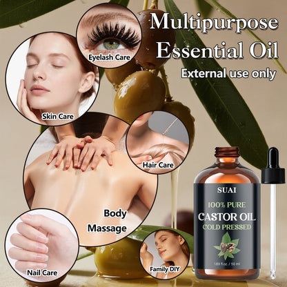 Castor Oil 100% Pure Cold Pressed 1.69oz — Hypoallergenic Multi-Use Oil for Hair Growth Eyebrow Eyelash Thickening Skin Moisturizing Nail Cuticle Care Plant Extract Women Men All Skin Types