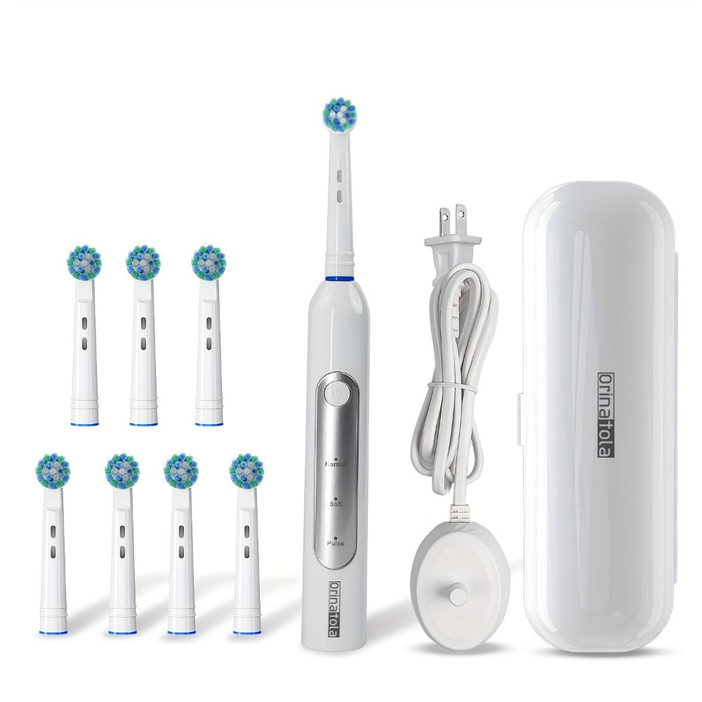 Rotating Electric Toothbrush with 8 Replacement Heads – Wireless Induction Charging, 3 Cleaning Modes, IPX7 Waterproof, Oral Care Gift for Family, Friends & Parents – Blue, Purple, Black