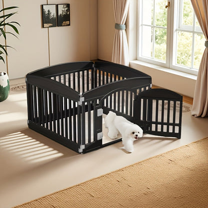Dog Pen 4 Panel with Non-Slip Bottom & Safety Locking Door - Portable Expandable Indoor Outdoor Pet Pen for Medium Dogs & Puppies, Lightweight Durable Puppy Enclosure in Black & White