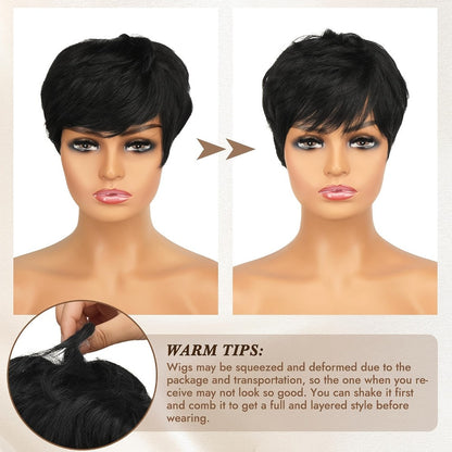 Short Fairy Wig Human Hair Brazilian 150% Density Glueless Rose Net Cap Natural Black 4 Inch Beginner Friendly Elegant Daily Wear Special Occasion Women
