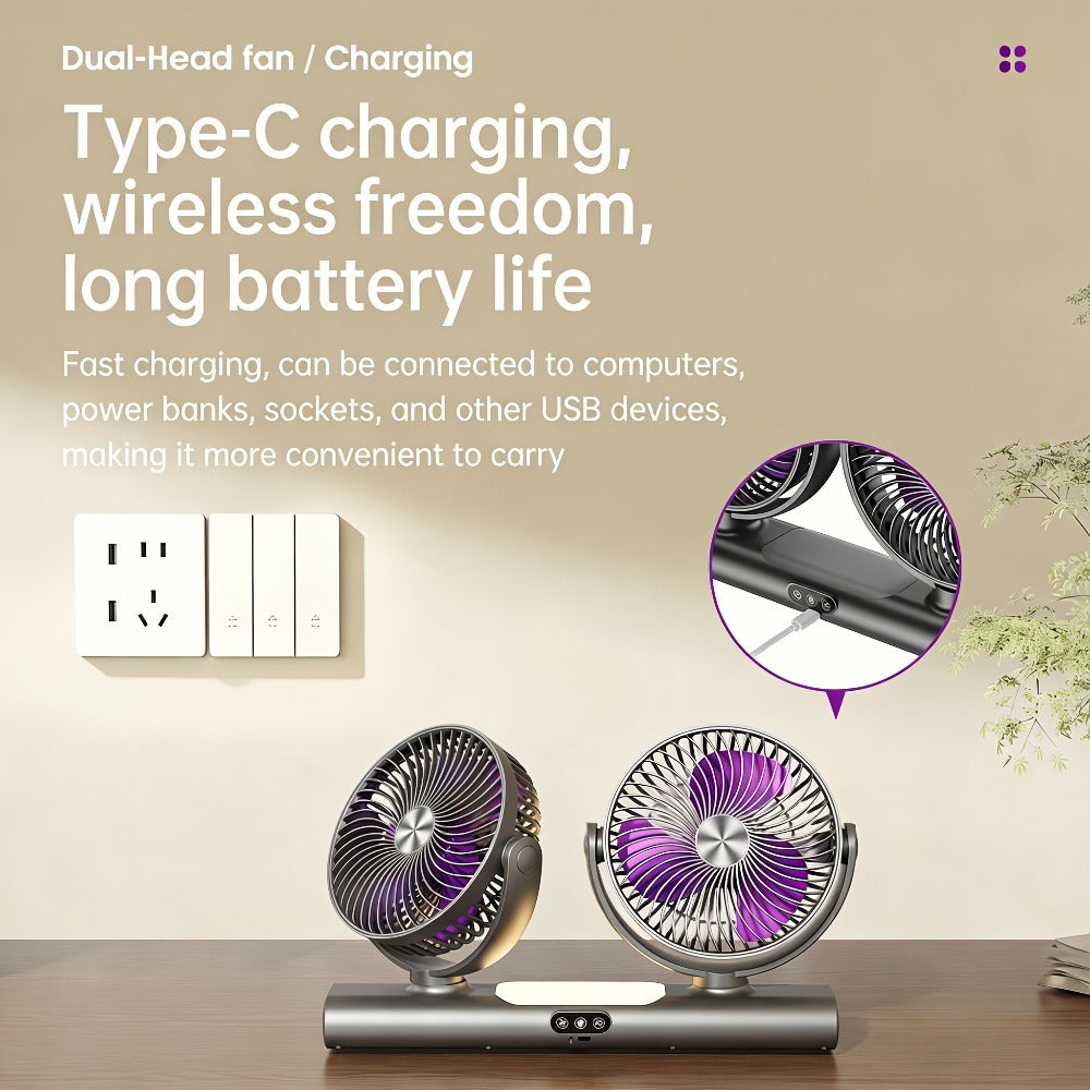 Double Head Air Circulation Fan USB Rechargeable | Desktop & Wall-Mounted 3-Speed Dual-Head Fan with Atmosphere Night Light, Multi-Angle Airflow for Camping, Home & Office – Grey & White