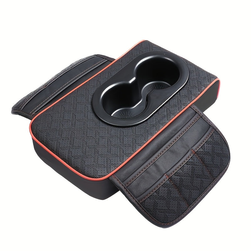 Universal Car Armrest Box Cover, PU Leather Center Console Mat with 2 Side Pockets + 2 Cup Holders, Multi-Functional Storage for Phone/Water Bottle/Cards, Fits Most Car Models, Tissue Box Replacement 3pcs Set-1
