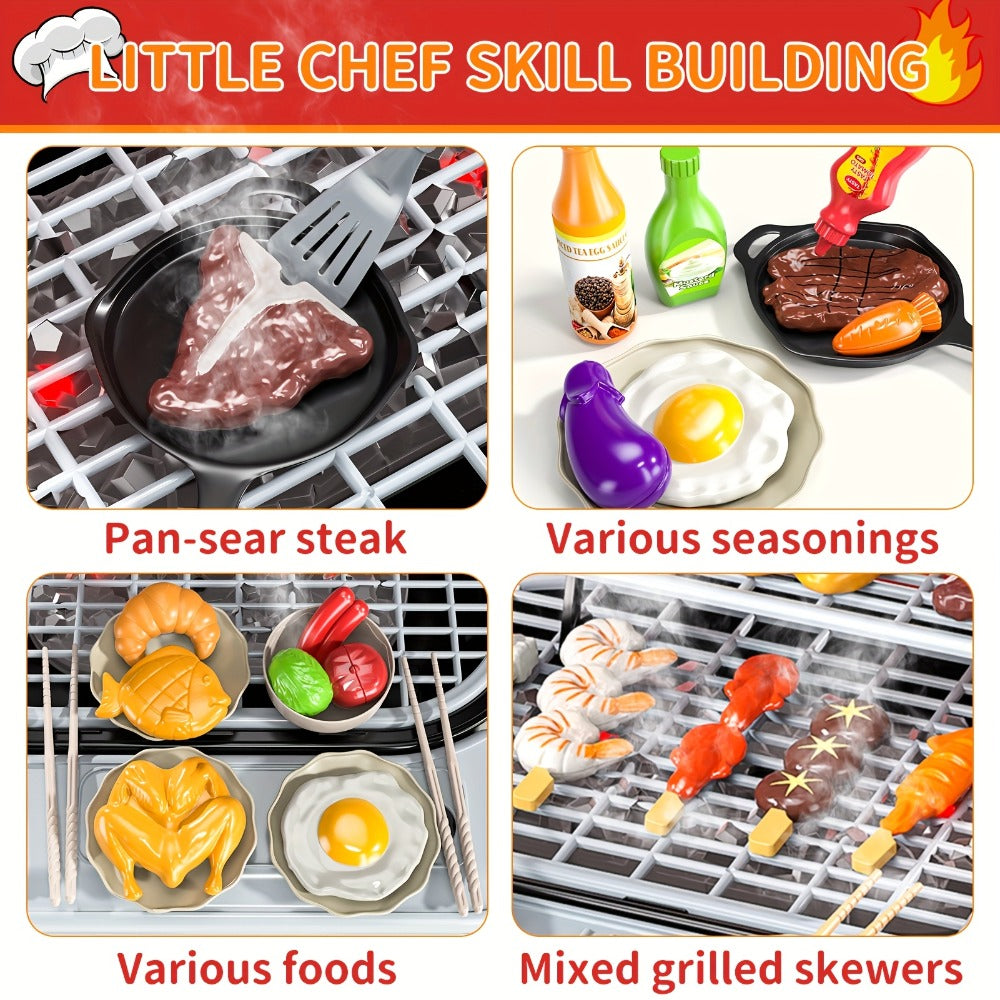 Kids BBQ Grill Playset Two-Tier with Toy Food Meats Fruits Spices & Working Water Tap – Pretend Play Outdoor Cooking Toy for Girls Boys Ages 3+ | Best Birthday Christmas Gift