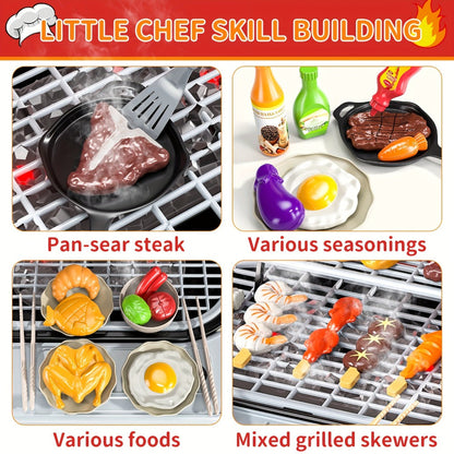 Kids BBQ Grill Playset Two-Tier with Toy Food Meats Fruits Spices & Working Water Tap – Pretend Play Outdoor Cooking Toy for Girls Boys Ages 3+ | Best Birthday Christmas Gift