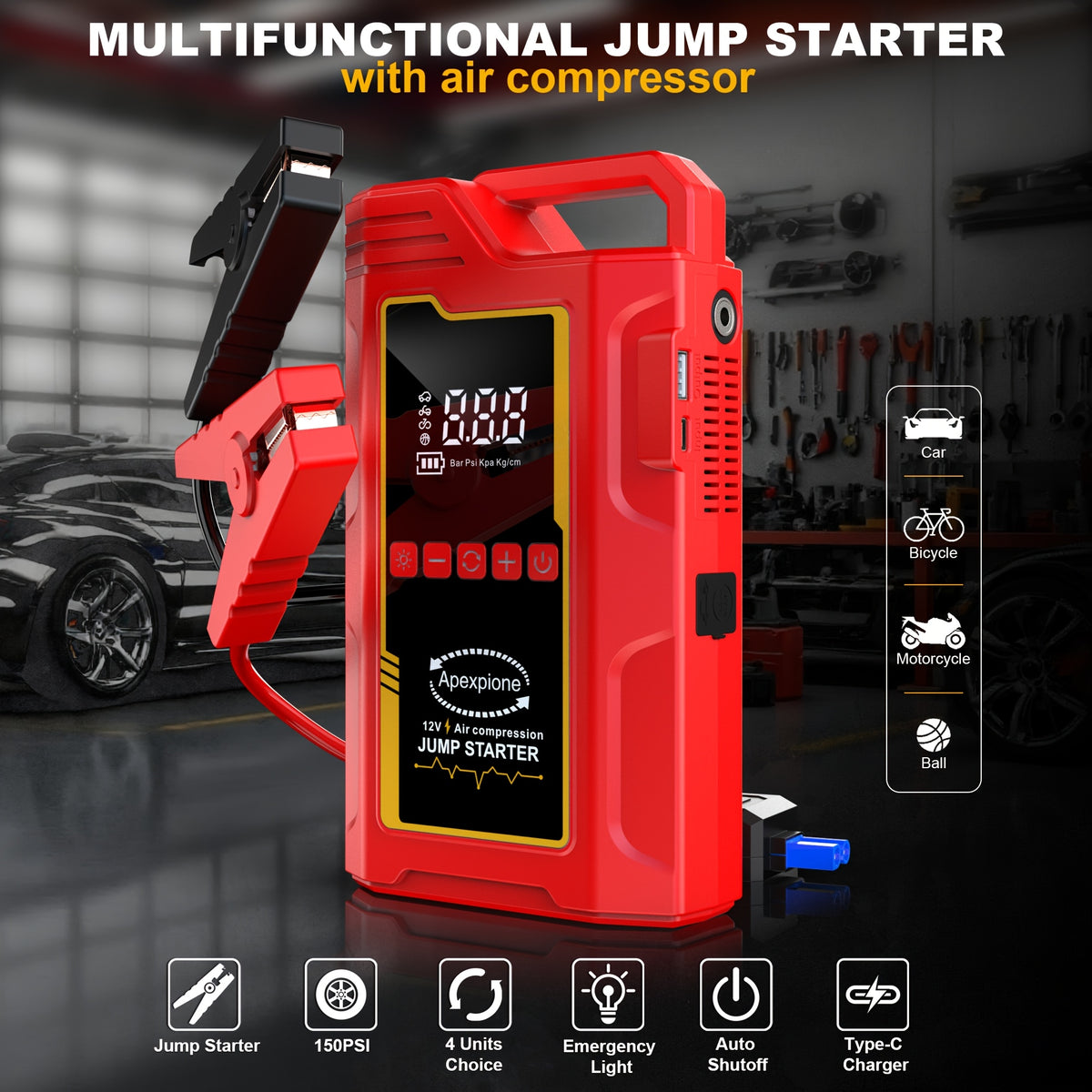 10000A-18000A High-current Car Starter with Air Compressor, 366PSI Inflator, for 12V (ALL Gas/ALL Diesel). Smart Cables, Protections, Fast USB, LED Light, Storage Bag. Hurricane Emergency Lighting, Auto Tool.Nice Gift