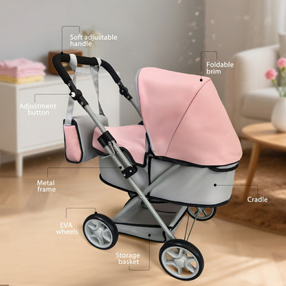 Foldable Doll Stroller with Adjustable Handle 39-68cm – Grey & Pink Baby Doll Pram for 16-20 Inch Dolls, Storage Basket & Shoulder Bag Included, Ergonomic Role-Play Gift for Girls Ages 3+
