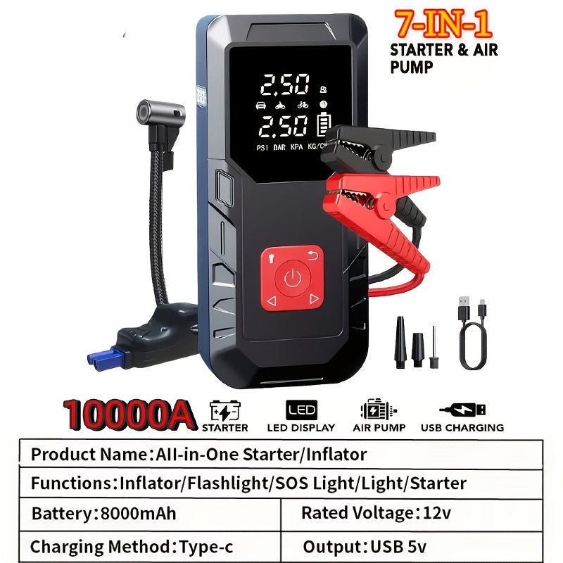10000A Portable Car Jump Starter Optional10000A Portable Car Jump Starter (with 350PSI Tire Inflator) 9-in-1 Car Battery Charger Jump Starter Accessories And Tools LED Light USB Type-C And Output Interfaces Fast Charging Function, Suitable As Gift