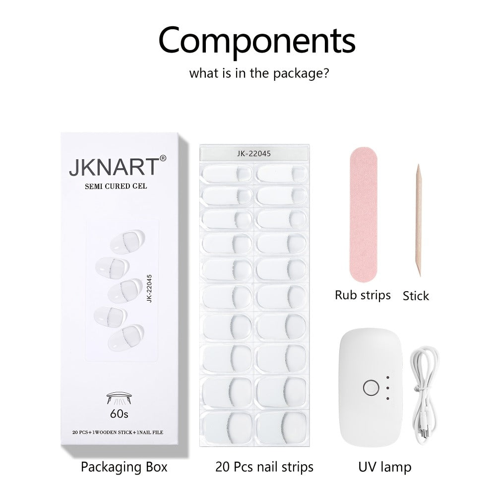Semi Gel Nail Polish Stickers Kit 20Pcs with 12W LED Nail Lamp 8-Bead Curing Light Full-Wrap Nail Stickers 2nd Gen Soft Gel Tips White French Manicure Complete Set for Women Beginners Home DIY