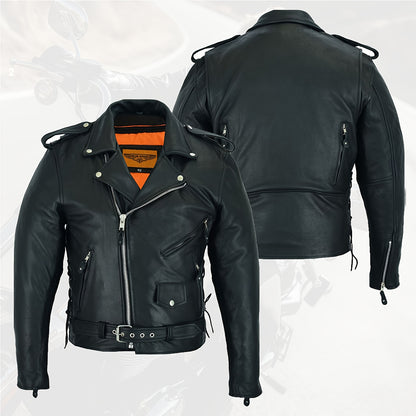 [Heavy Duty Leather Jacket] Black Heavy Duty Cowhide Leather Motorcycle Jacket for Men | Classic Jacket with Multiple Pockets, Adjustable Laces