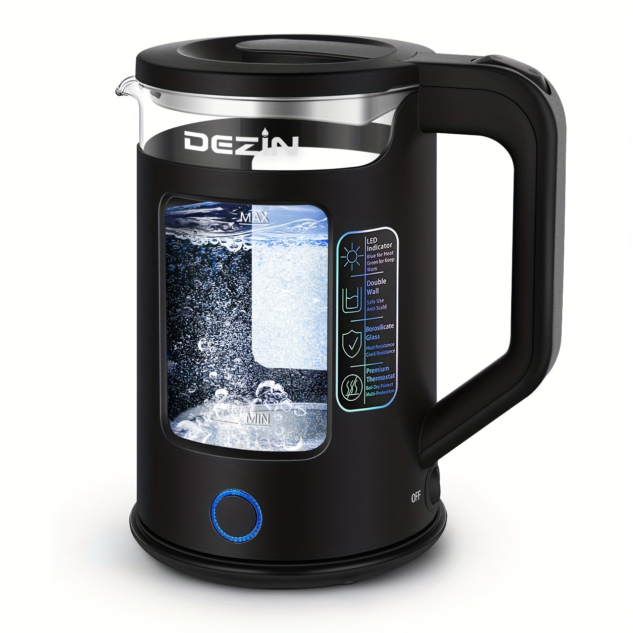 Glass Electric Kettle with Blue LED Light – 1.5L Borosilicate Glass Water Boiler, Auto Shut-Off & Boil-Dry Protection, Fast Heating Hot Water Kettle for Tea & Coffee – Azure, Black
