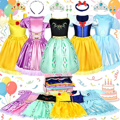 Girls Princess Dress Up Costume Set 14pcs – 5 Role Play Outfits with Crowns, Earrings & Storage Box, Toddler Princess Costumes for Girls Ages 3-6, Birthday Gift