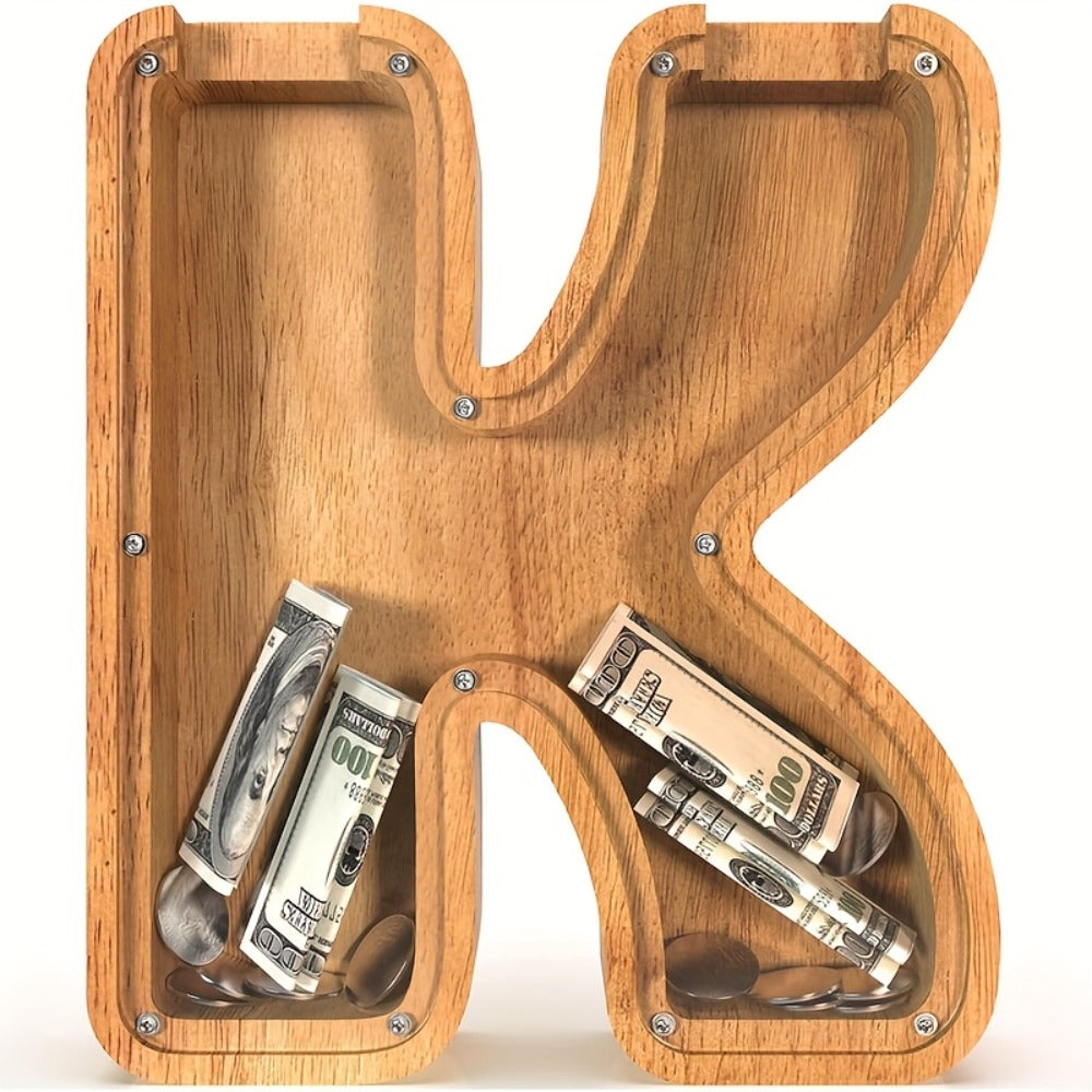 Wooden Letter Penny Bank – Alphabet Coin Bank Savings Box for Kids & Adults, Personalized Money Bank Birthday Gift, A to Z Initial Letter Bank