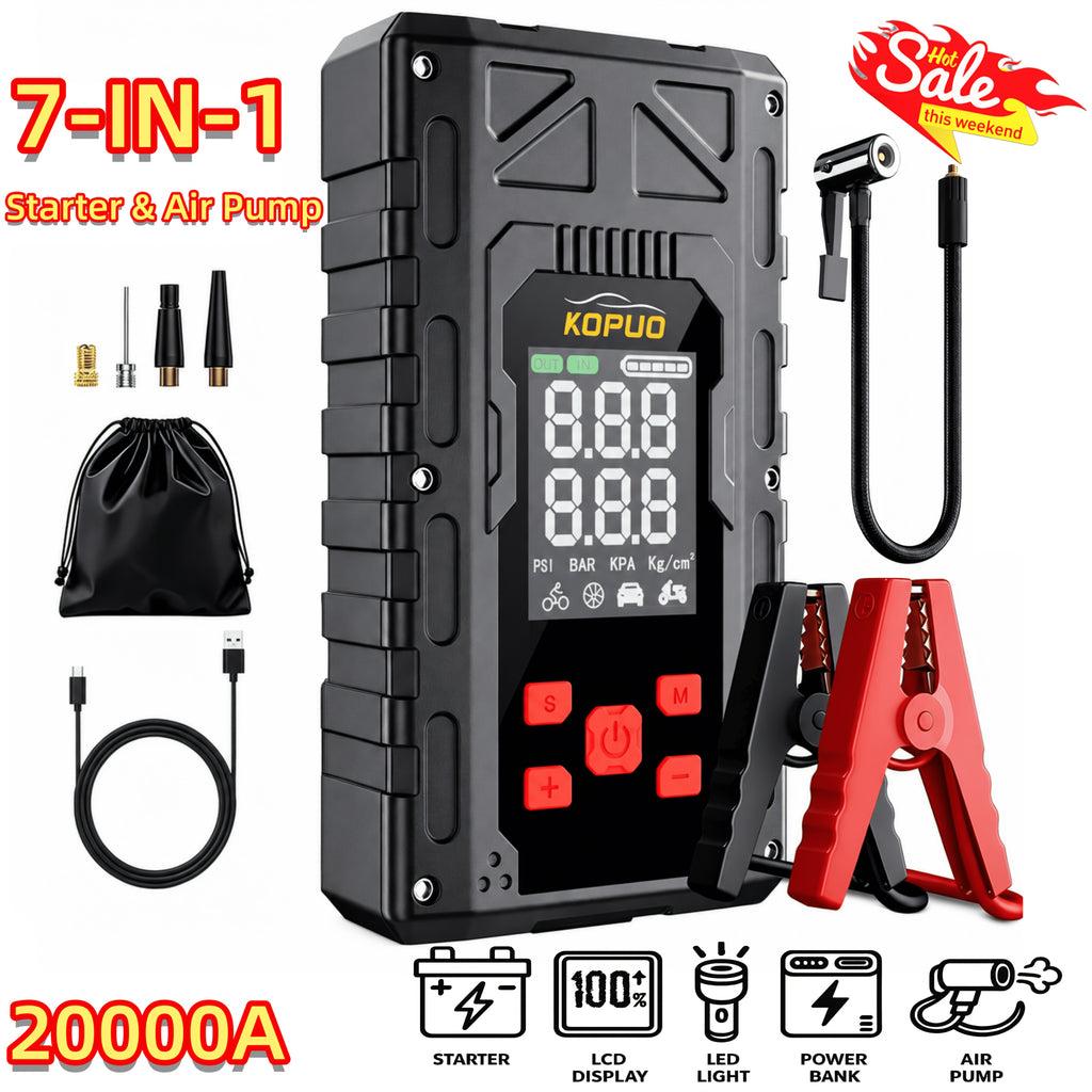 6000-20000A Peak Single Jump Starter Or 12V Portable Car Jump Starter with Air Compressor, Jump Starter Battery Pack with 150PSI Tire Inflator, 7-in-1 Multi-functional Battery Booster Power Bank with LED Light, Car Battery Charger, Roadside Assistanc