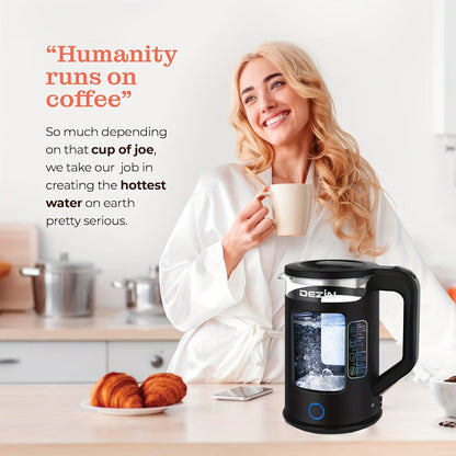 Glass Electric Kettle with Blue LED Light – 1.5L Borosilicate Glass Water Boiler, Auto Shut-Off & Boil-Dry Protection, Fast Heating Hot Water Kettle for Tea & Coffee – Azure, Black