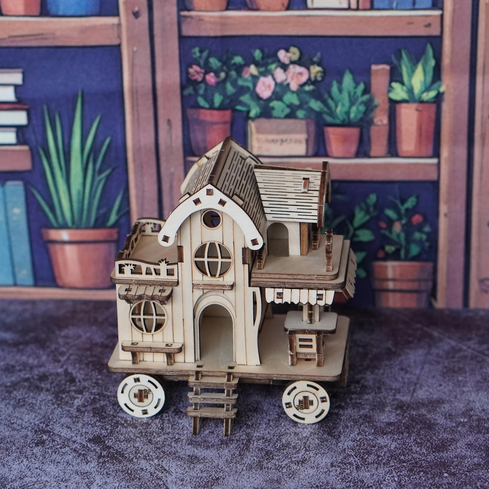 3D Wooden Puzzle Mobile Home on Wheels – DIY Café Bar Model Kit, Handcrafted Miniature House Assembly, Unique Desk Decoration Gift for Adults Teens Birthday Christmas Housewarming