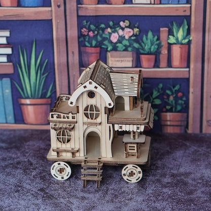 3D Wooden Puzzle Mobile Home on Wheels – DIY Café Bar Model Kit, Handcrafted Miniature House Assembly, Unique Desk Decoration Gift for Adults Teens Birthday Christmas Housewarming