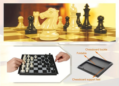 Magnetic Chess Set Folding Board 33 Pieces – 9.4 Inch Portable Travel Chess Game for Kids & Adults, Foldable Storage, Minimalist Design, Educational Strategy Game, Black & White or Wood Style